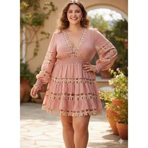 L'Atiste by Amy Pink Swiss Dot Crochet Lace Tiered Mini Dress 1X